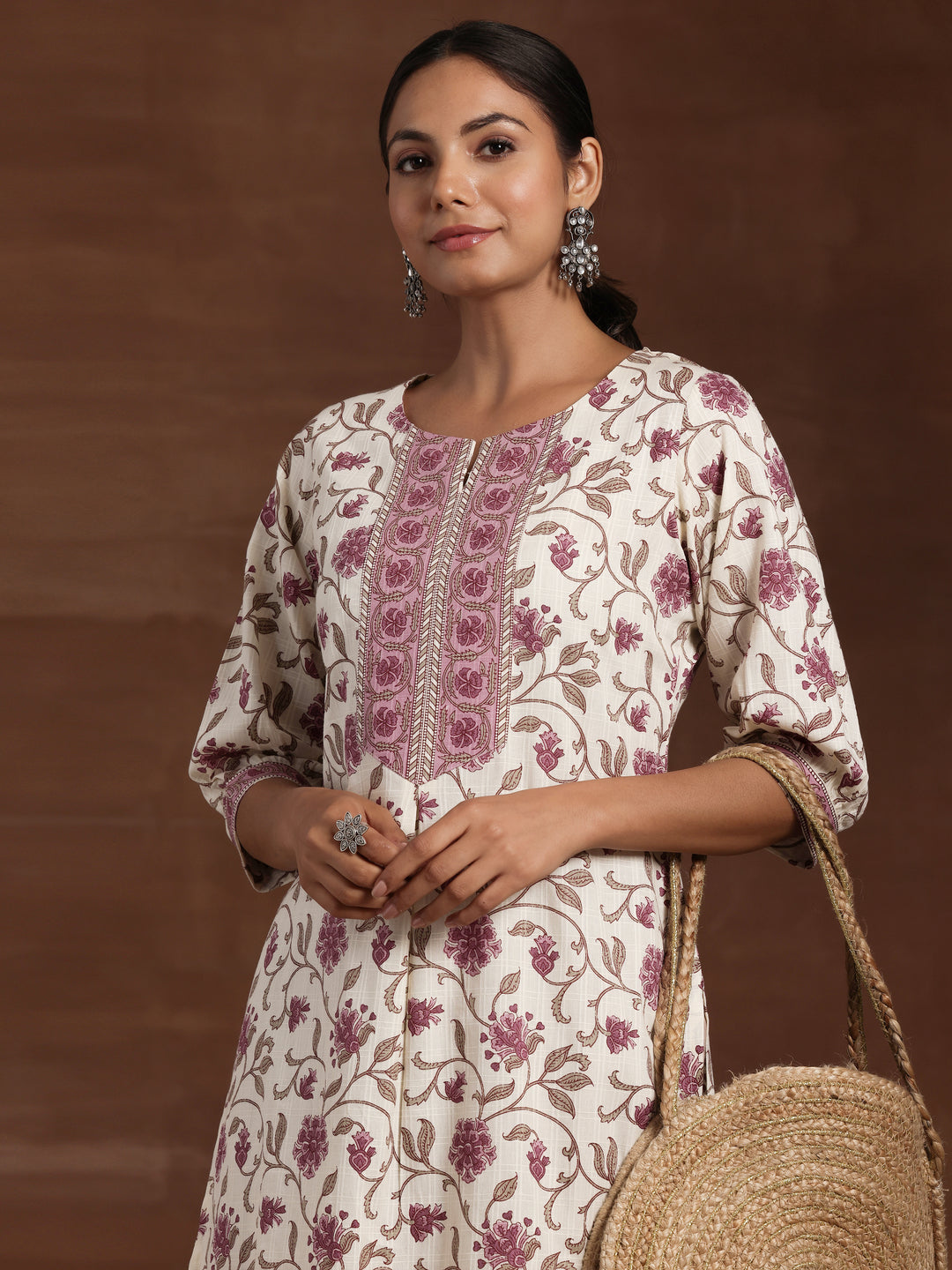 Beige Printed Cotton Straight Kurta