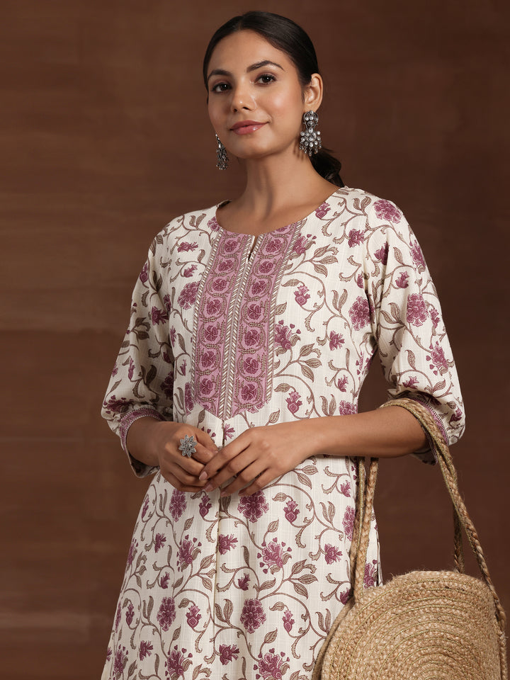 Beige Printed Cotton Straight Kurta