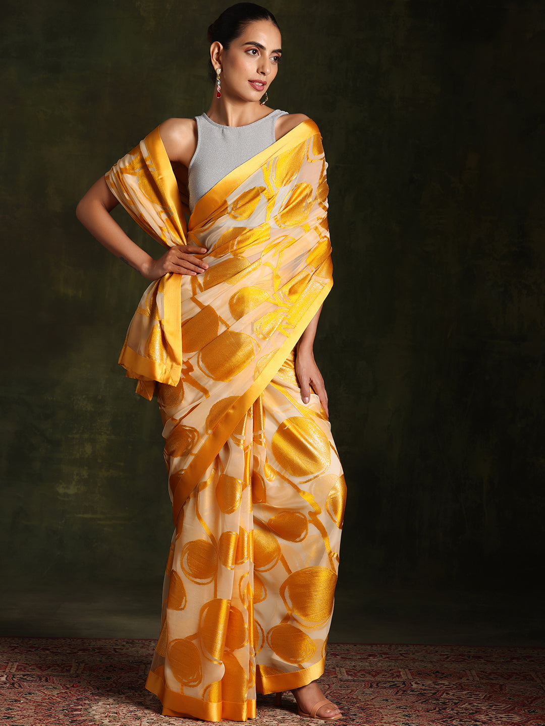 Beige Woven Design Brasso Saree With Unstitched Blouse Piece