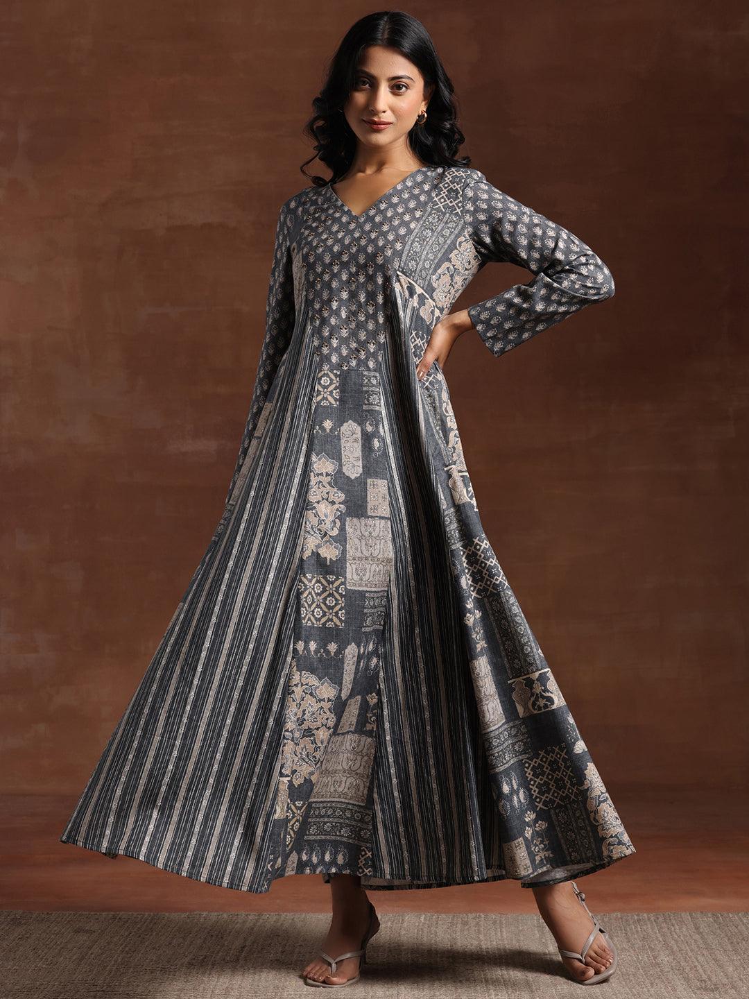 Grey Printed Cotton Blend A-Line Dress