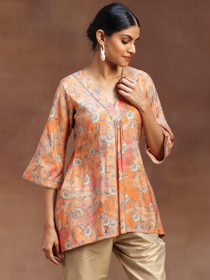 Peach Printed Silk Blend A-Line Kurti