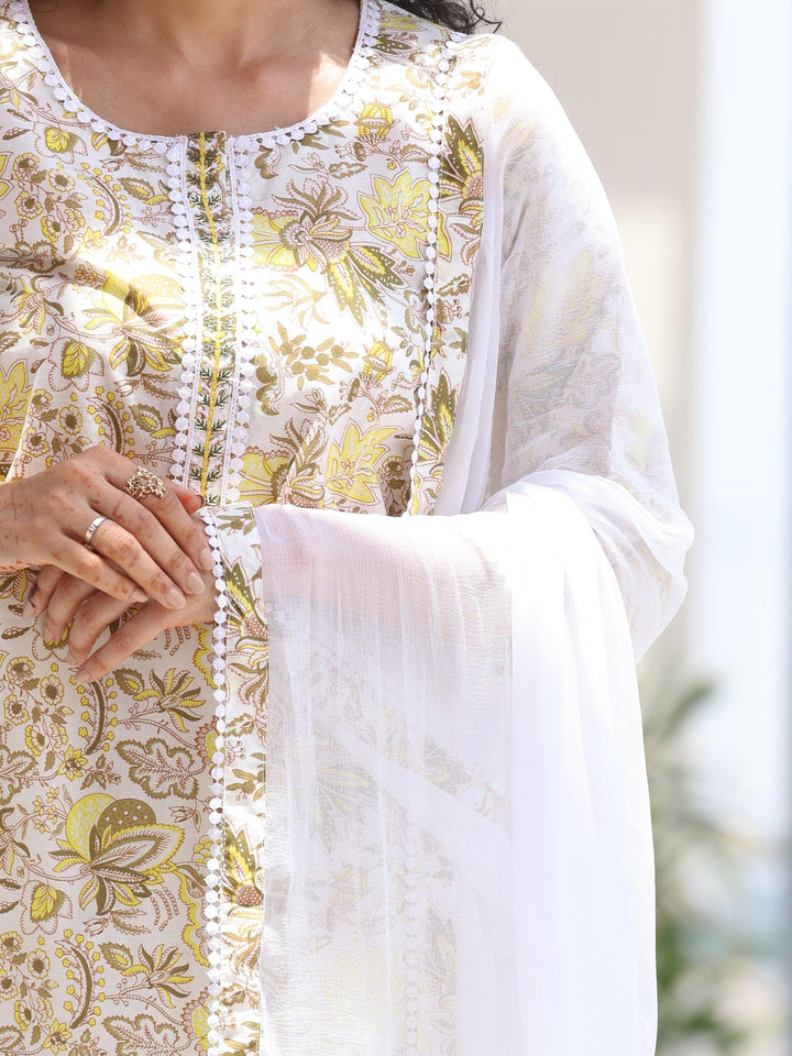 Off white Printed Cotton Straight Suit With Dupatta