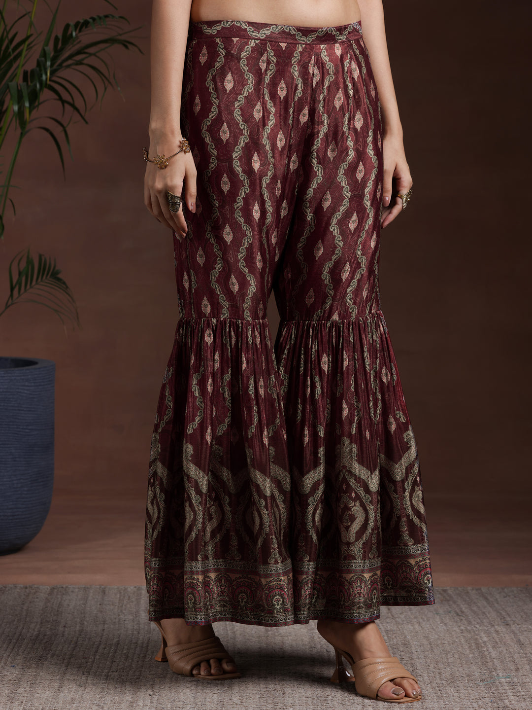 Brown Printed Silk Blend Straight Suit With Dupatta
