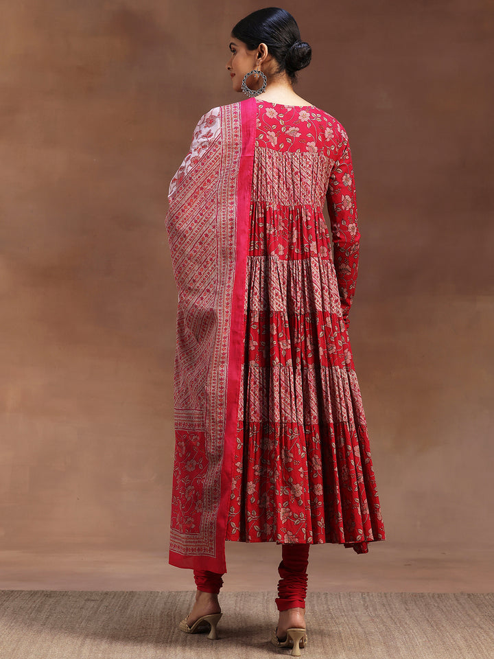 Pink Printed Cotton A-Line Kurta With Churidar & Dupatta