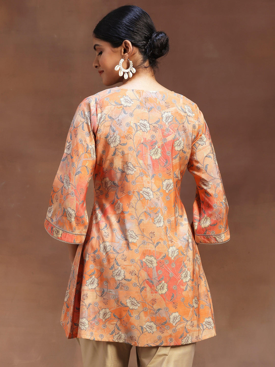 Peach Printed Silk Blend A-Line Kurti