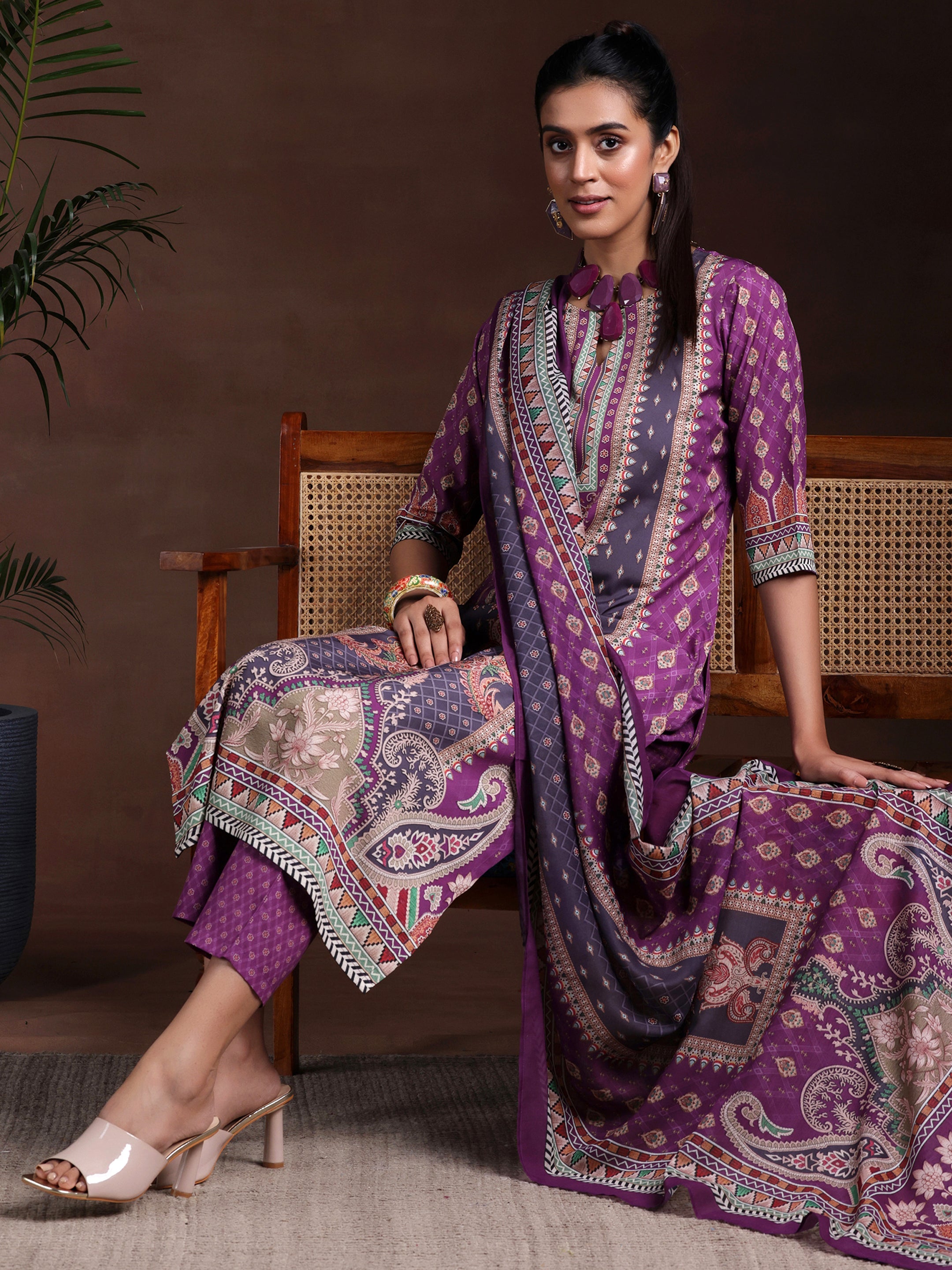 Brown Printed Crepe Straight Suit Set With Dupatta