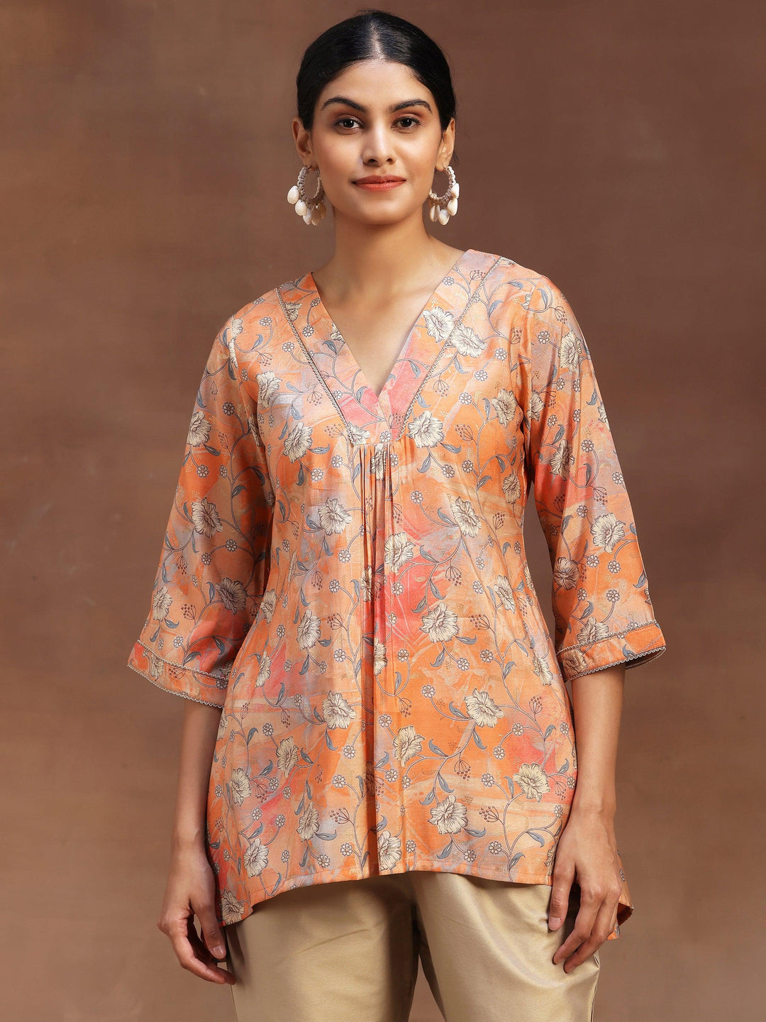 Peach Printed Silk Blend A-Line Kurti