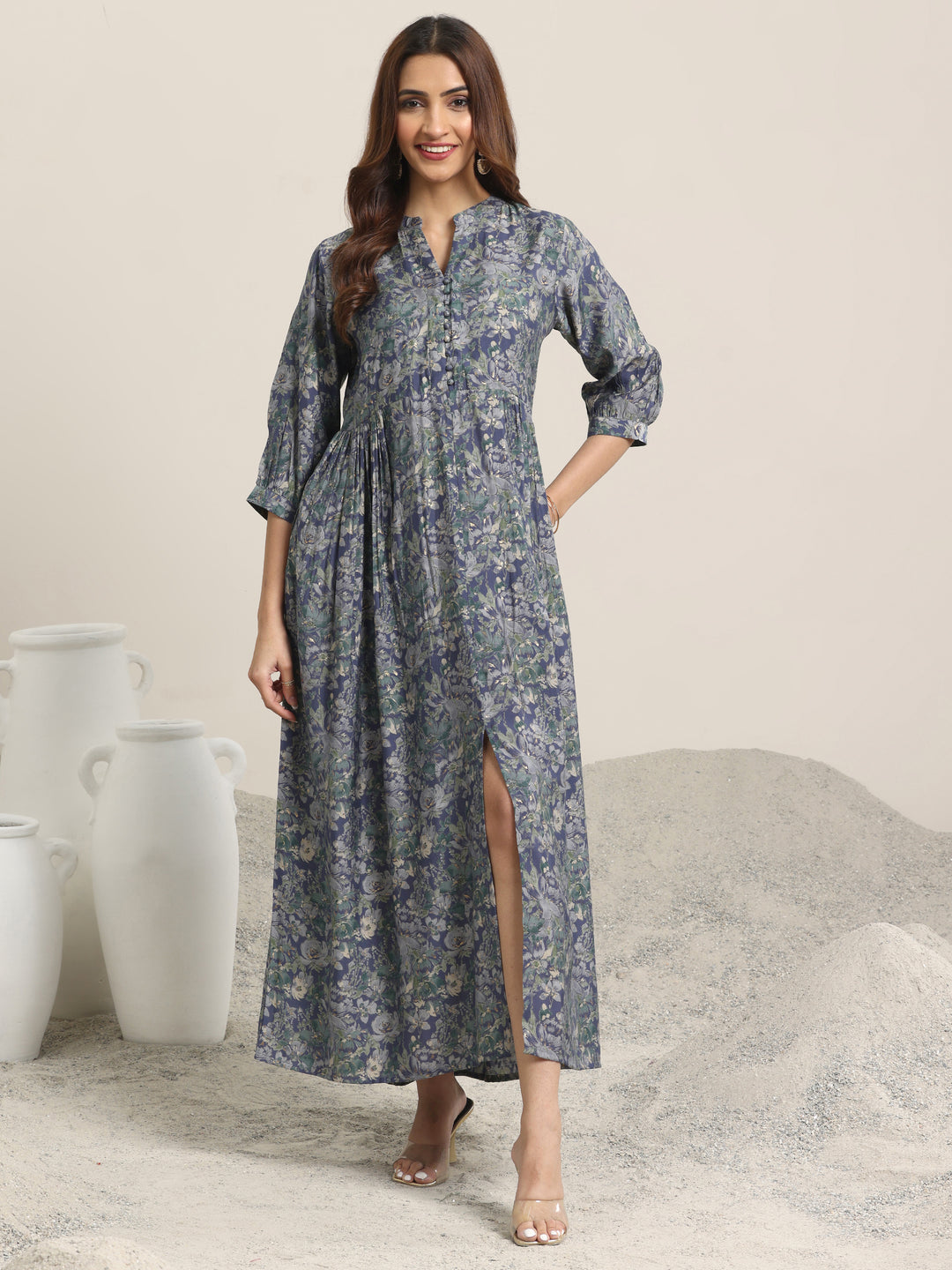 Blue Printed Silk Blend A-Line One Piece Dress