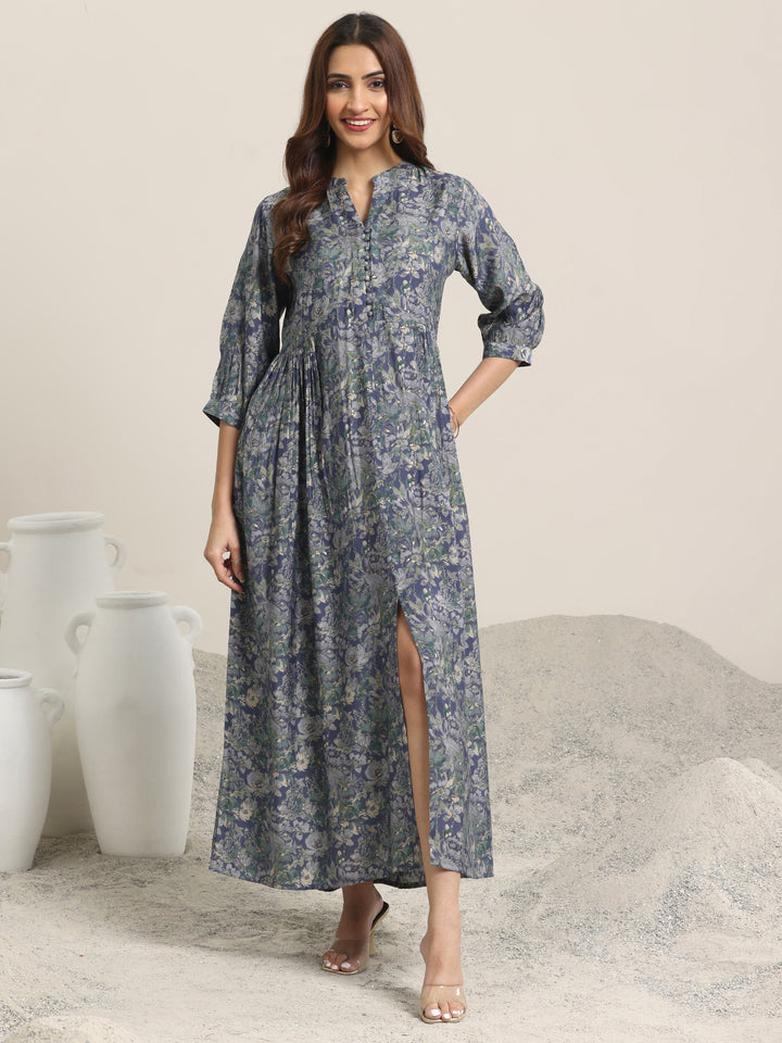 Blue Printed Silk Blend A-Line One Piece Dress