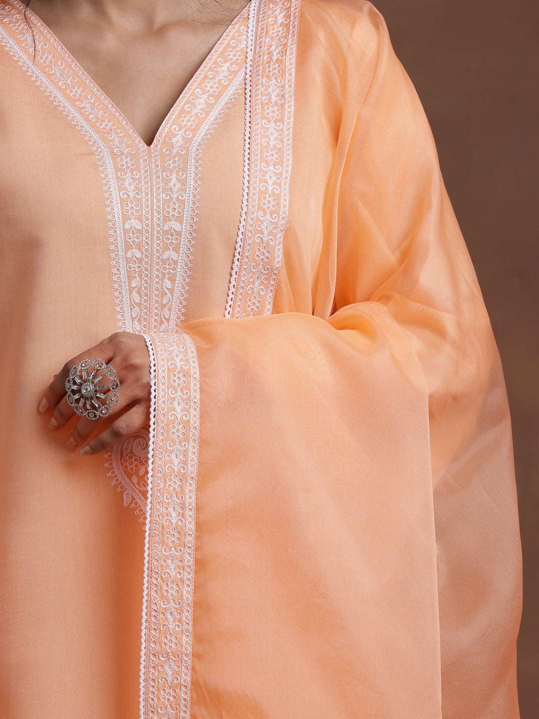 Peach Embroidered Silk Blend A-Line Kurta With Palazzos & Dupatta