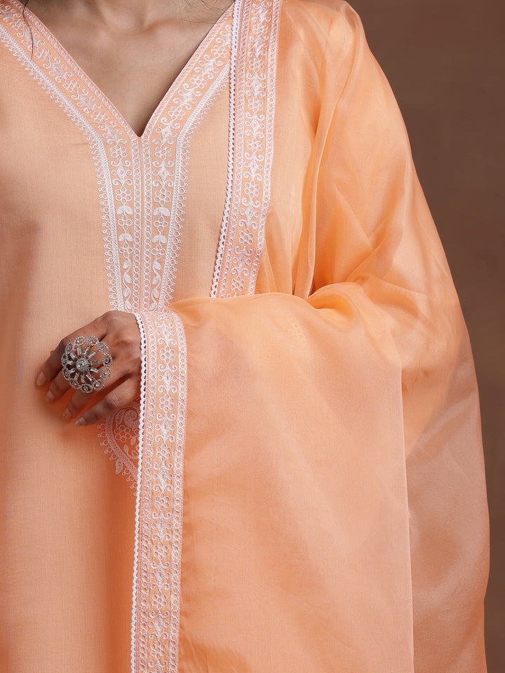 Peach Embroidered Silk Blend A-Line Kurta With Palazzos & Dupatta