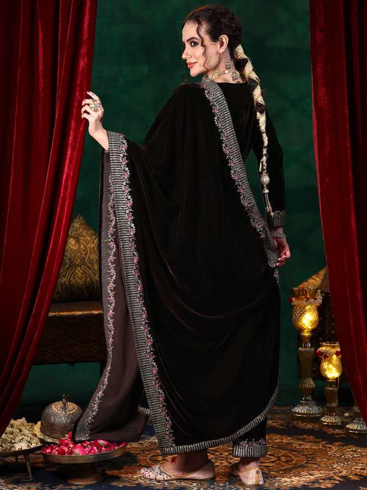 Brown Embroidered Velvet A-Line Kurta With Trousers & Dupatta