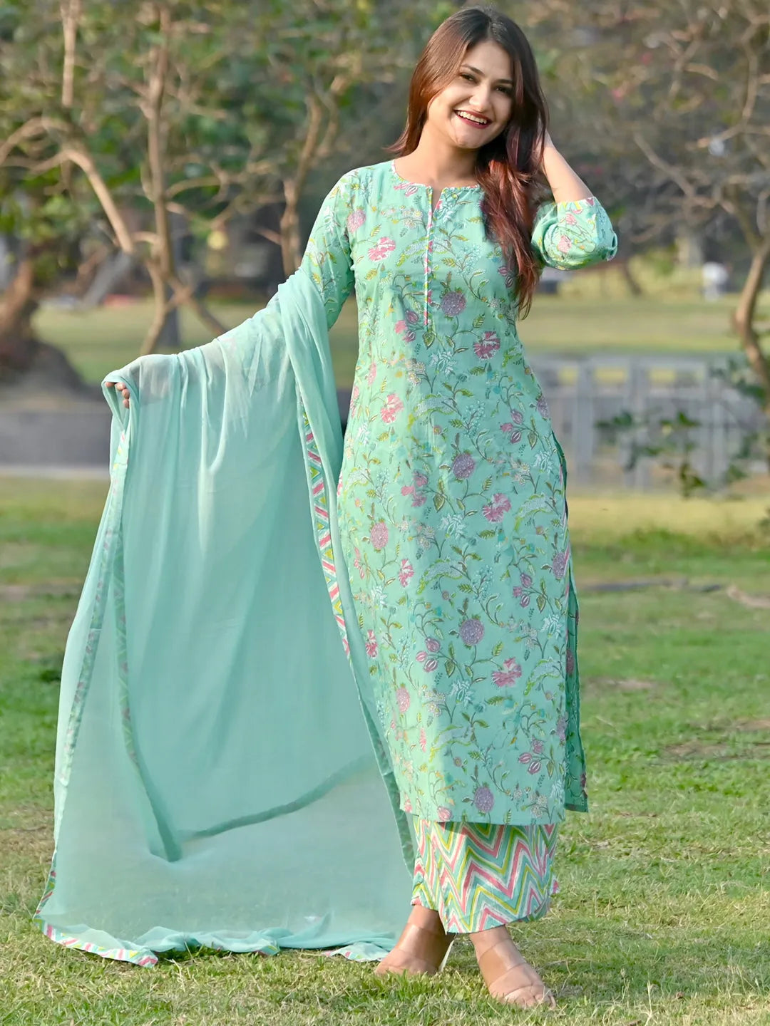 Libas Green Printed Cotton Suit Set