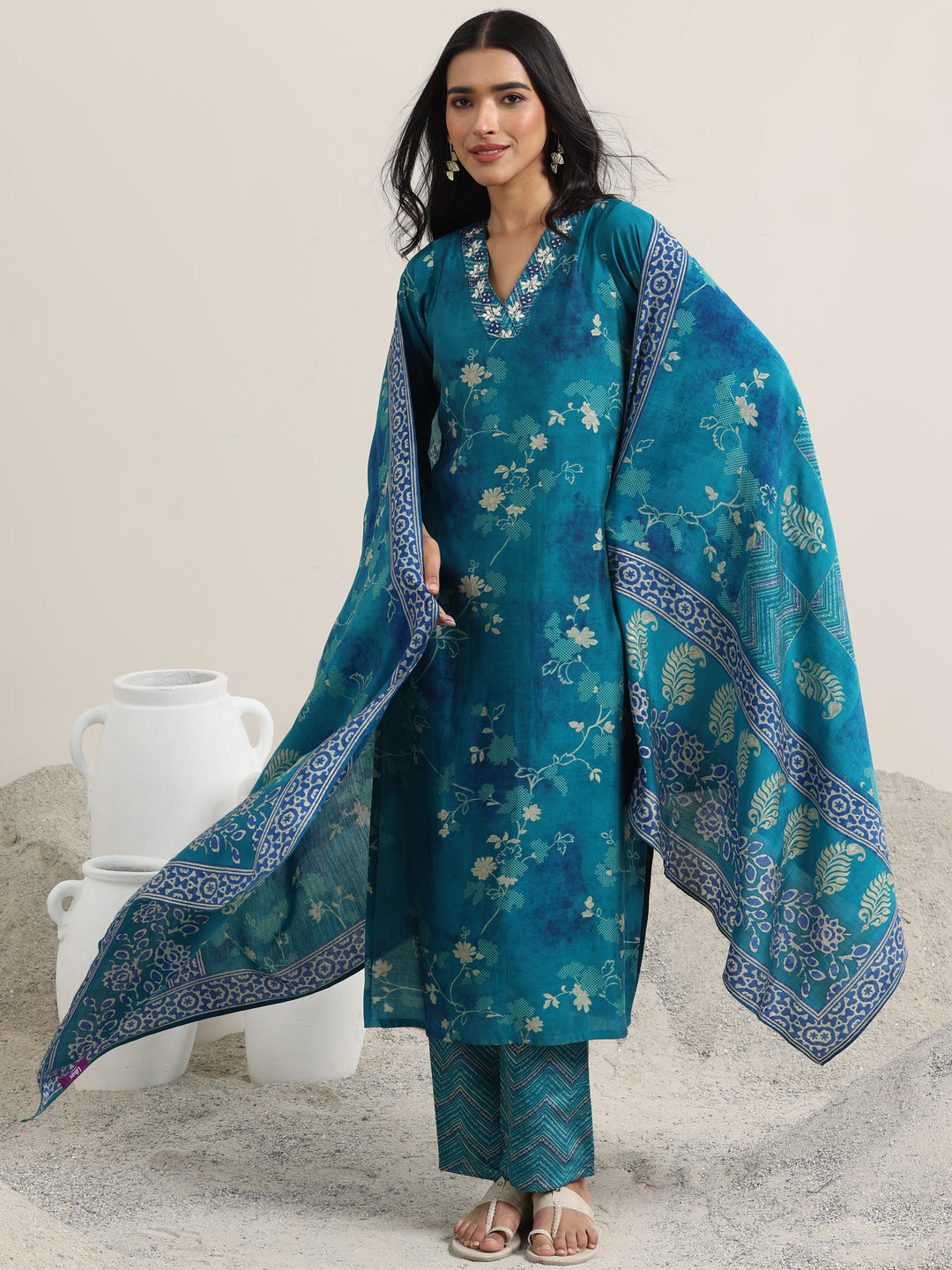 Blue Printed Silk Blend Straight Suit With Dupatta
