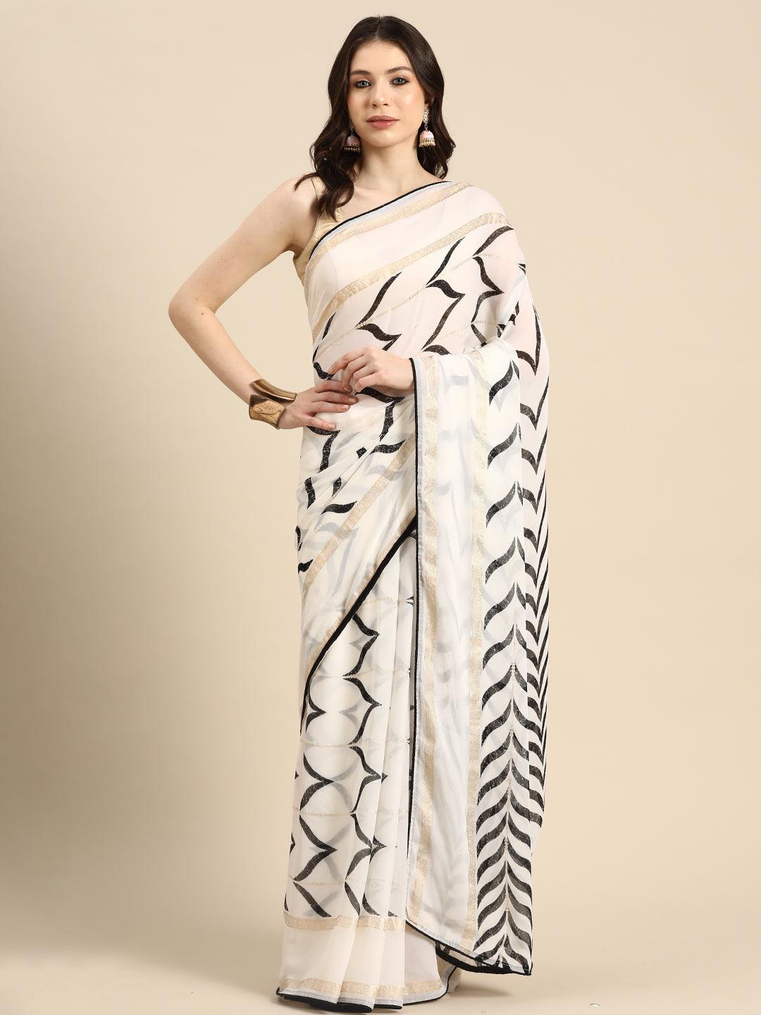 White Printed Chiffon Saree - ShopLibas