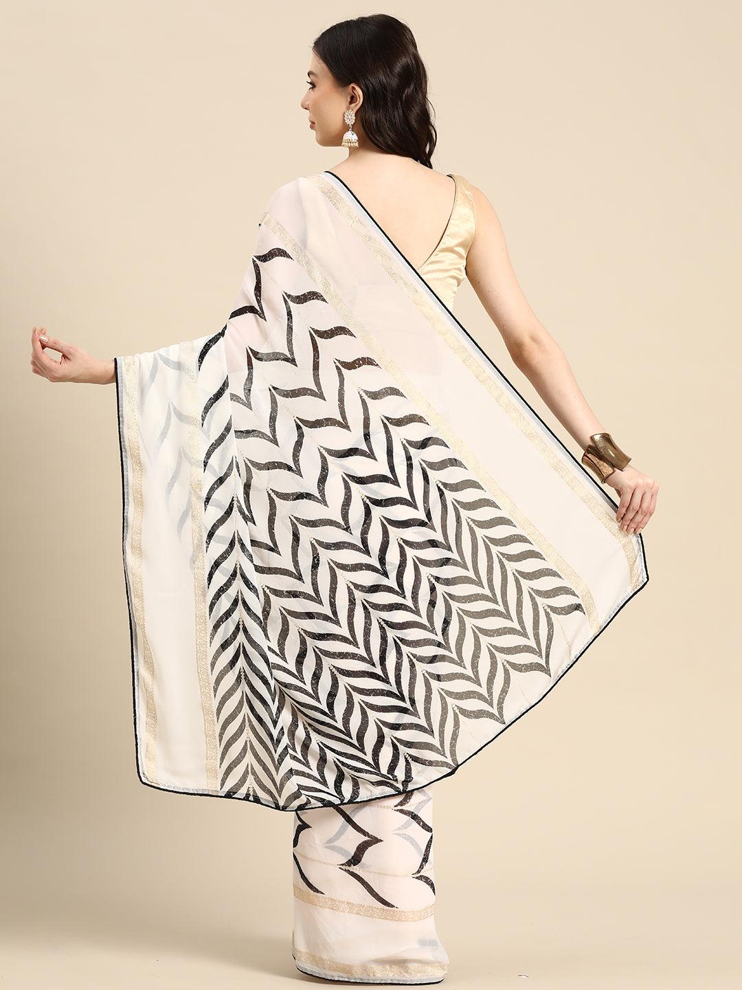 White Printed Chiffon Saree - ShopLibas