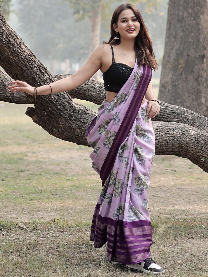Lavender Printed Silk Blend Saree