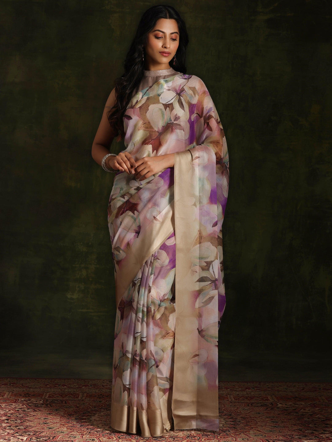 Olive Printed Silk Blend Saree With Unstitched Blouse Piece - ShopLibas