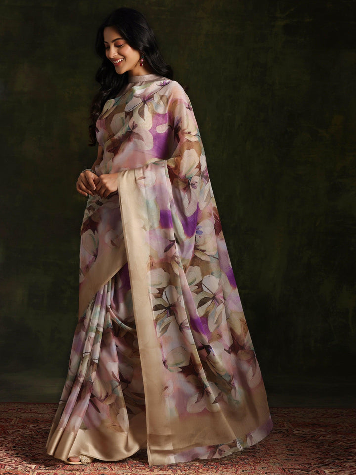 Olive Printed Silk Blend Saree With Unstitched Blouse Piece
