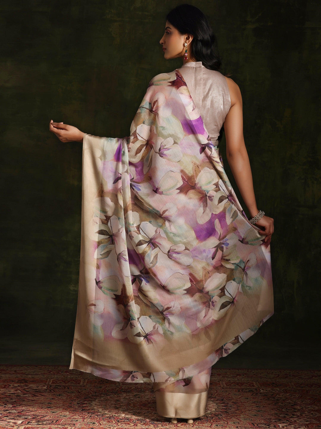 Olive Printed Silk Blend Saree With Unstitched Blouse Piece - ShopLibas