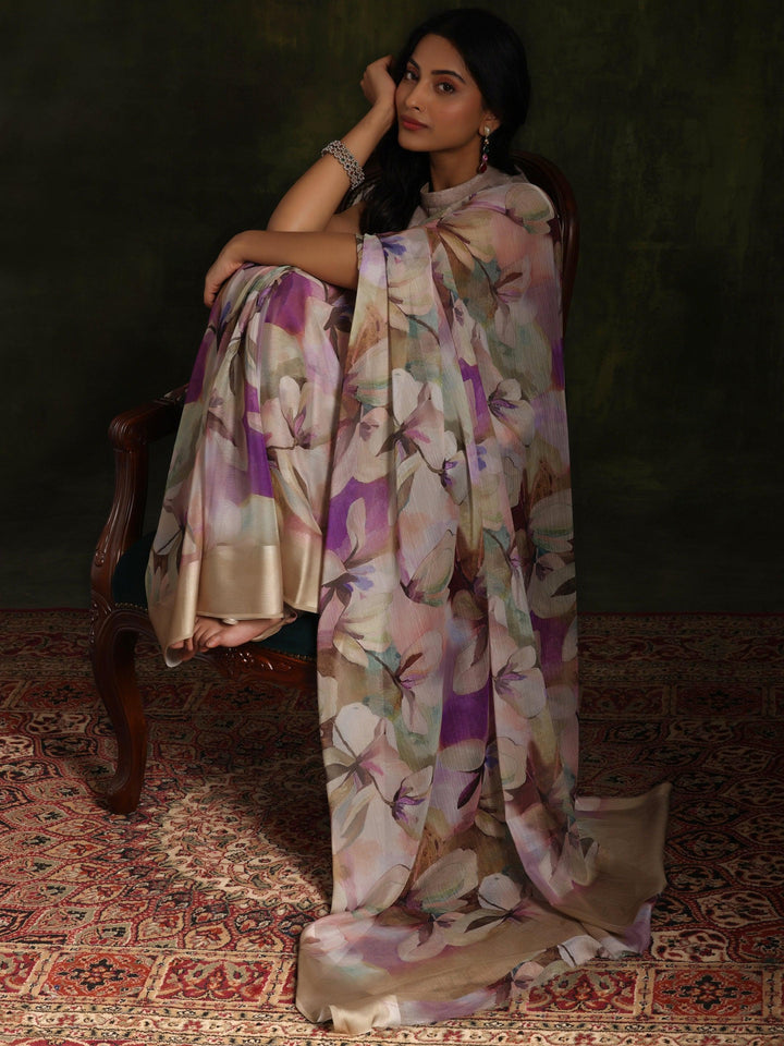 Olive Printed Silk Blend Saree With Unstitched Blouse Piece