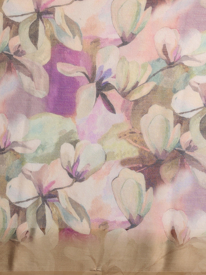 Olive Printed Silk Blend Saree With Unstitched Blouse Piece