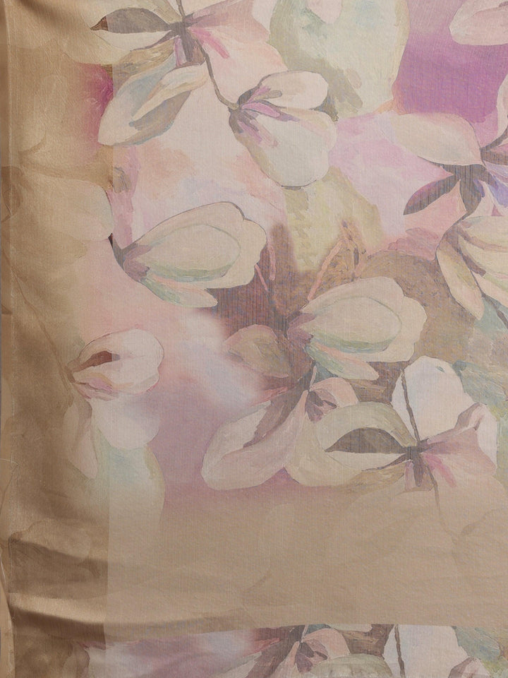 Olive Printed Silk Blend Saree With Unstitched Blouse Piece