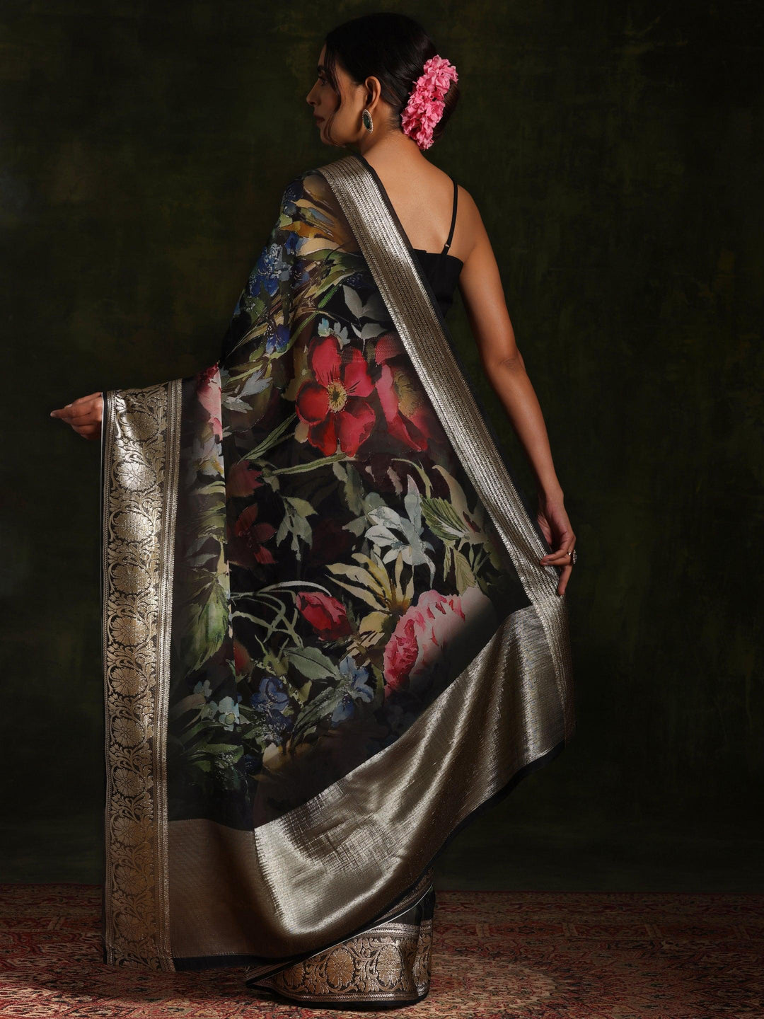 Black Printed Organza Saree With Unstitched Blouse Piece - ShopLibas