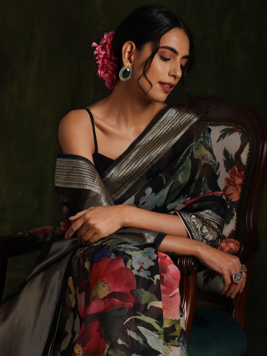 Black Printed Organza Saree With Unstitched Blouse Piece - ShopLibas