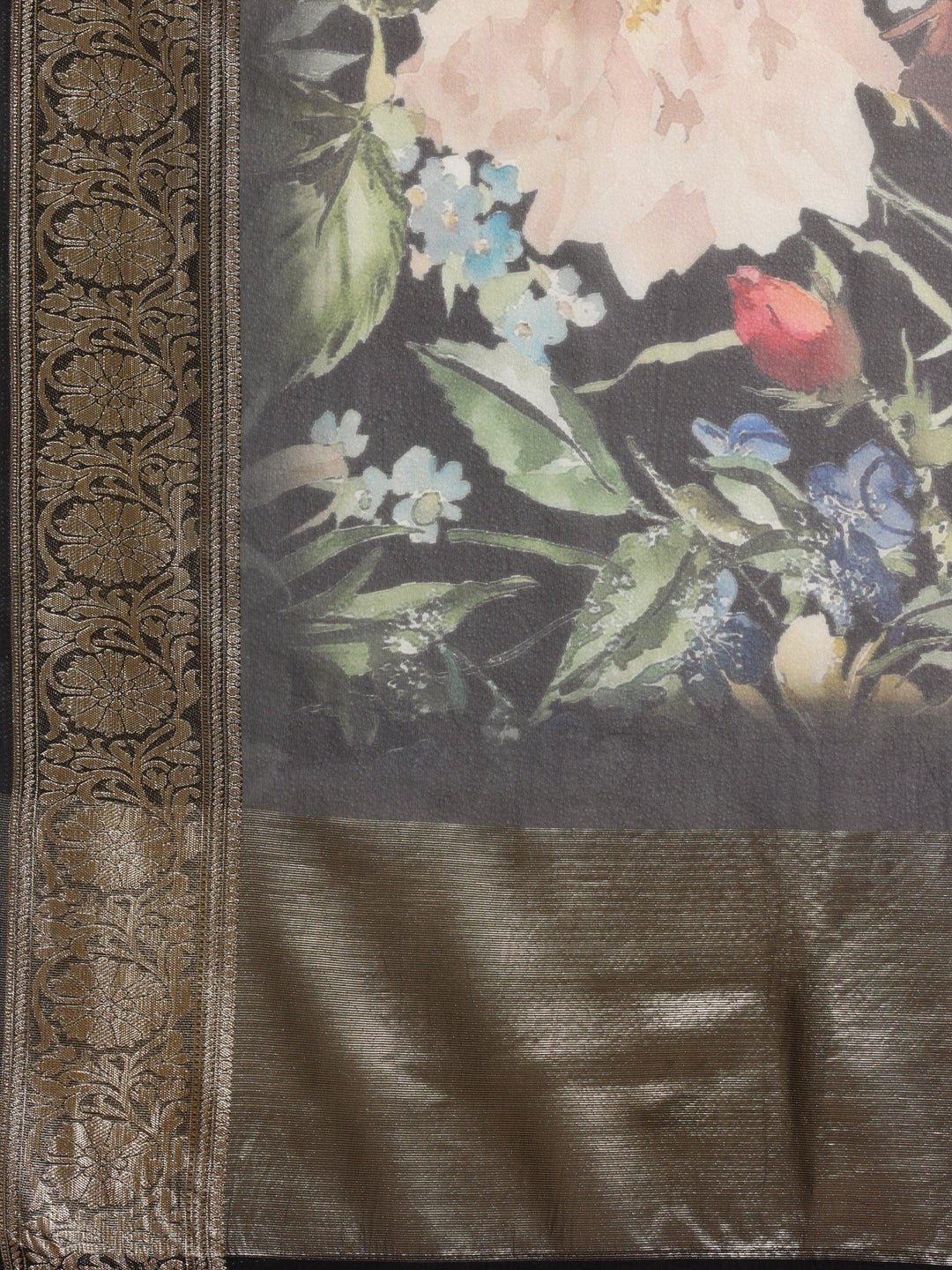 Black Printed Organza Saree With Unstitched Blouse Piece - ShopLibas