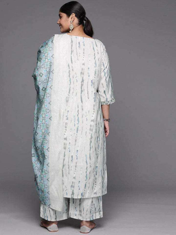 Grey Printed Silk Blend Straight Kurta With Trousers & Dupatta