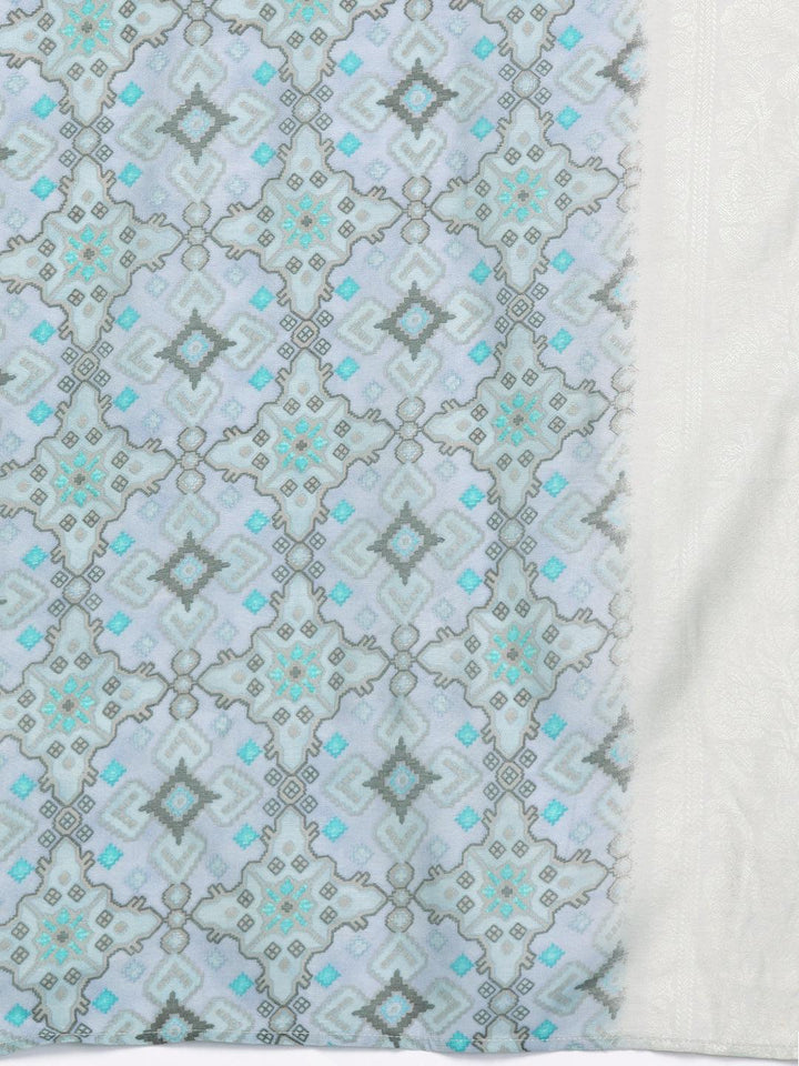 Grey Printed Silk Blend Straight Kurta With Trousers & Dupatta