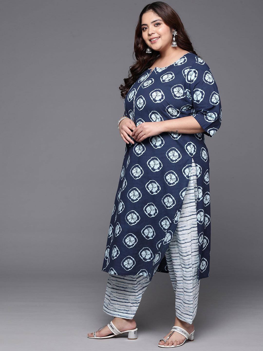 Plus Size Blue Printed Cotton Straight Kurta With Salwar Dupatta - ShopLibas