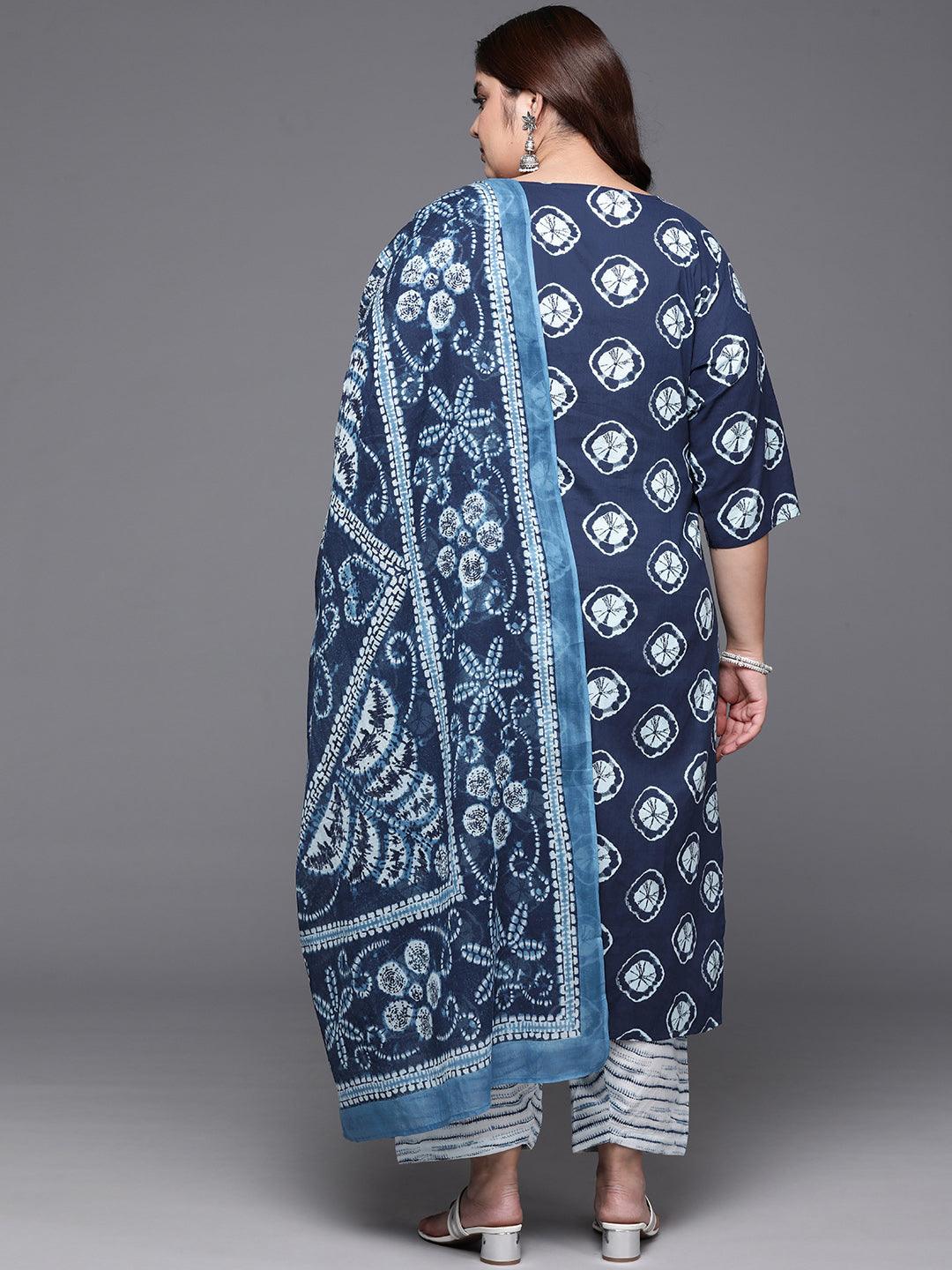 Plus Size Blue Printed Cotton Straight Kurta With Salwar Dupatta - ShopLibas