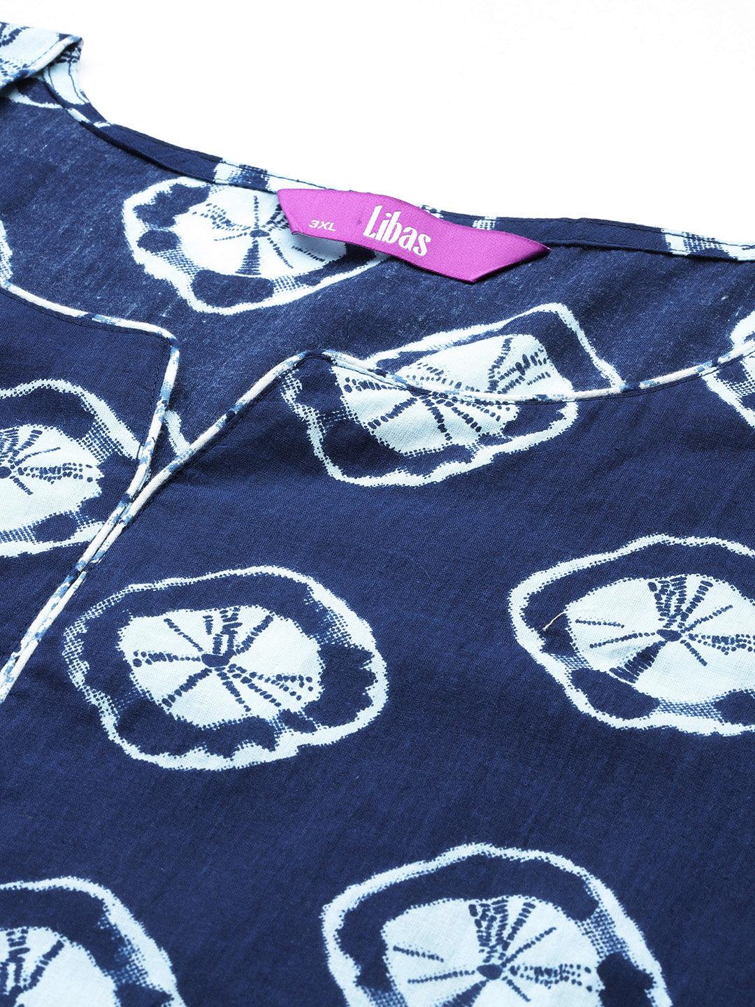 Plus Size Blue Printed Cotton Straight Kurta With Salwar Dupatta - ShopLibas