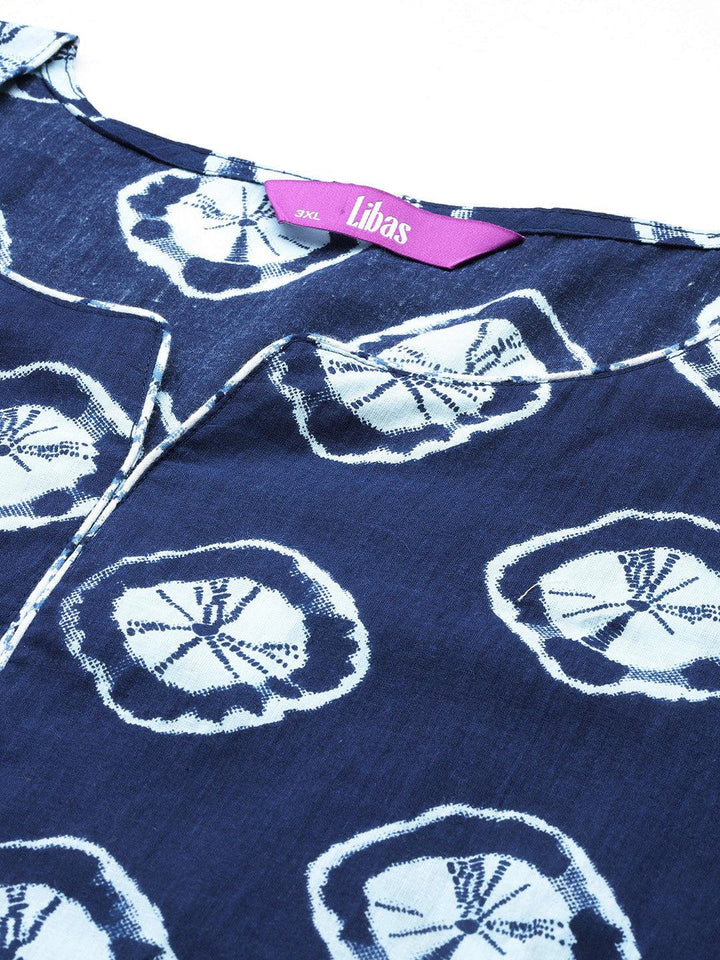 Plus Size Blue Printed Cotton Straight Kurta With Salwar Dupatta