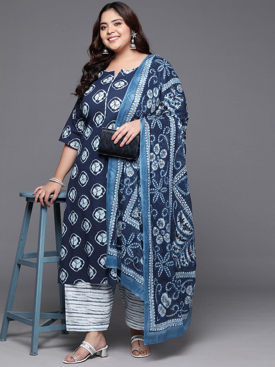 Plus Size Blue Printed Cotton Straight Kurta With Salwar Dupatta - ShopLibas