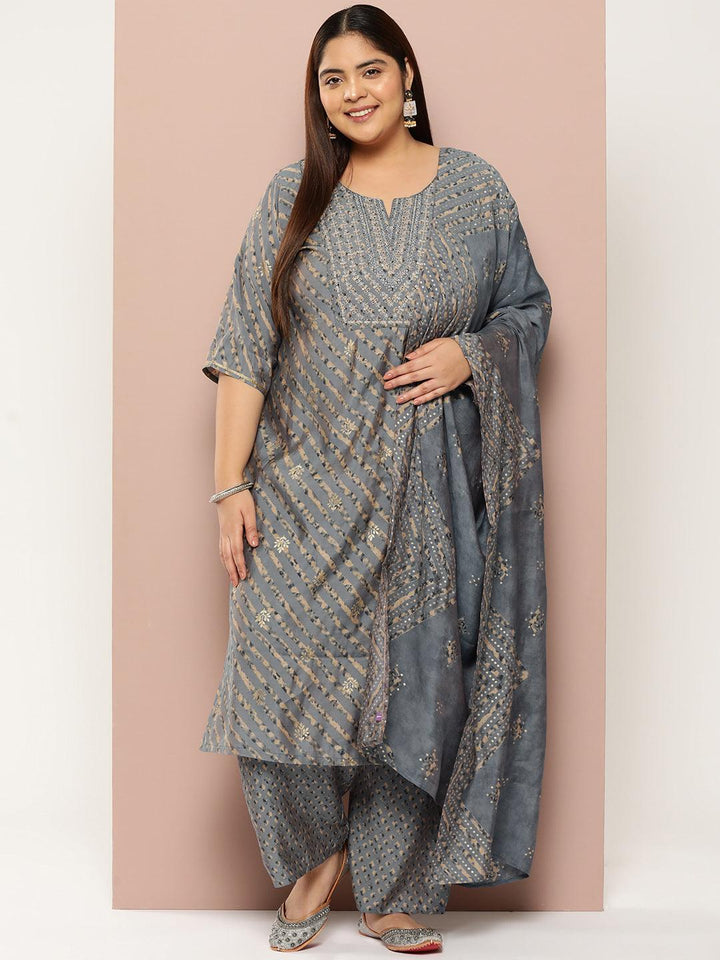 Plus Size Grey Yoke Design Silk Blend Straight Kurta With Trousers & Dupatta