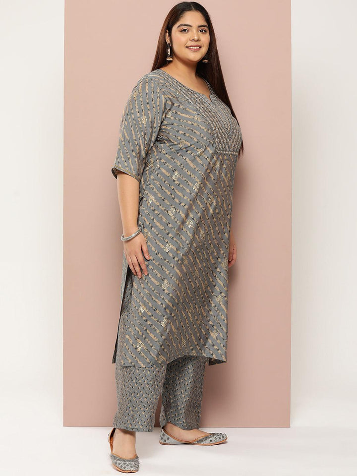Plus Size Grey Yoke Design Silk Blend Straight Kurta With Trousers & Dupatta