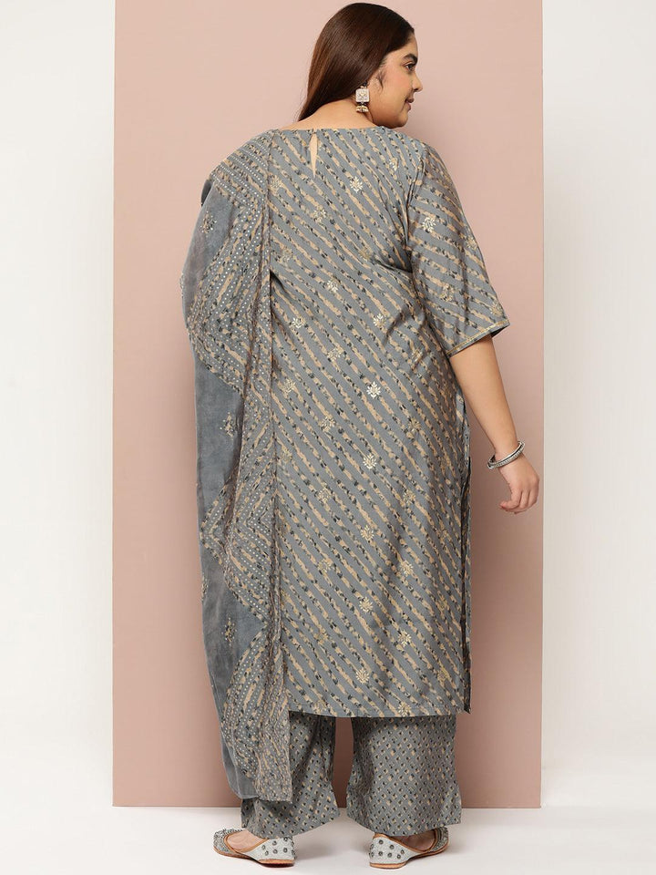 Plus Size Grey Yoke Design Silk Blend Straight Kurta With Trousers & Dupatta