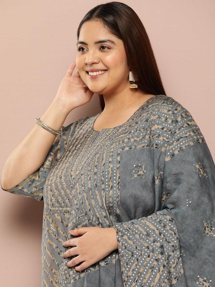 Plus Size Grey Yoke Design Silk Blend Straight Kurta With Trousers & Dupatta