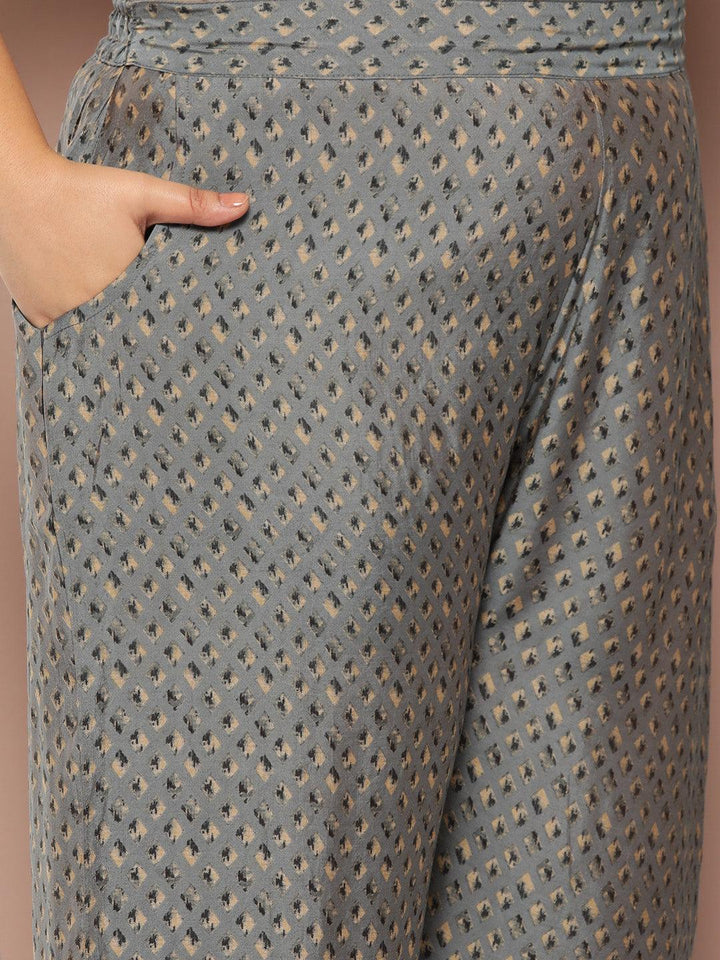 Plus Size Grey Yoke Design Silk Blend Straight Kurta With Trousers & Dupatta