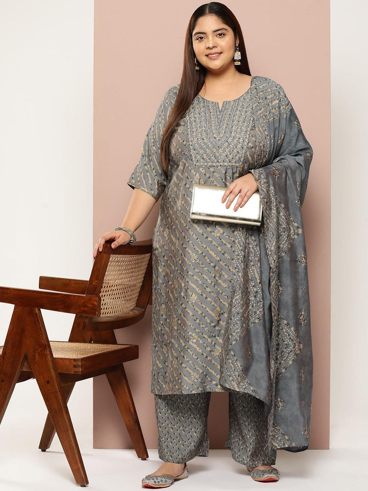 Plus Size Grey Yoke Design Silk Blend Straight Kurta With Trousers & Dupatta