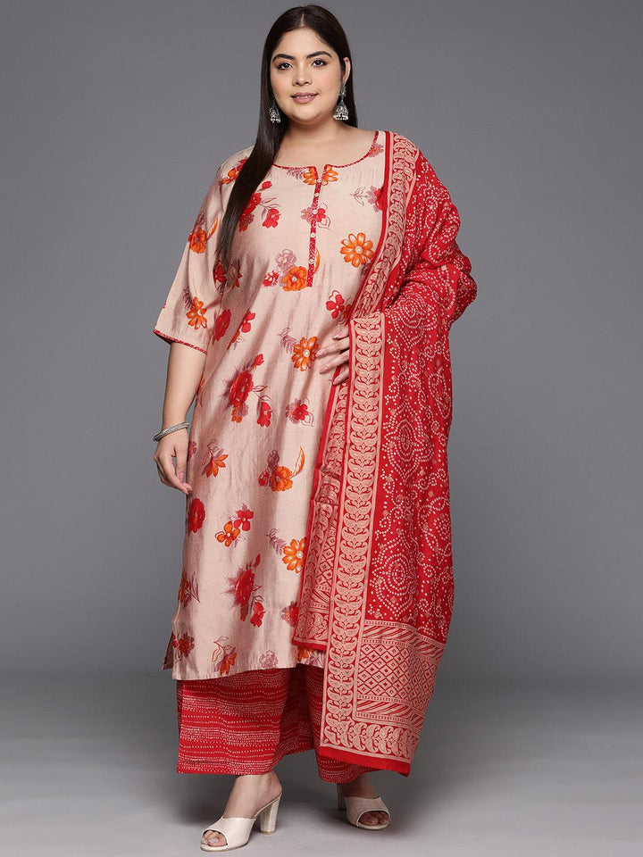 Plus Size Red Printed Silk Blend Straight Suit With Dupatta