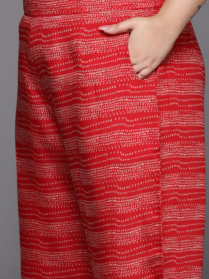 Plus Size Red Printed Silk Blend Straight Suit With Dupatta