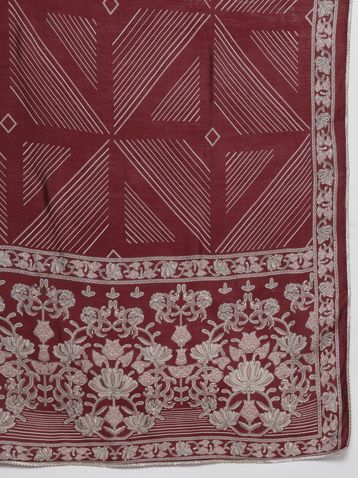 Plus Size Red Printed Silk Blend Straight Suit With Dupatta