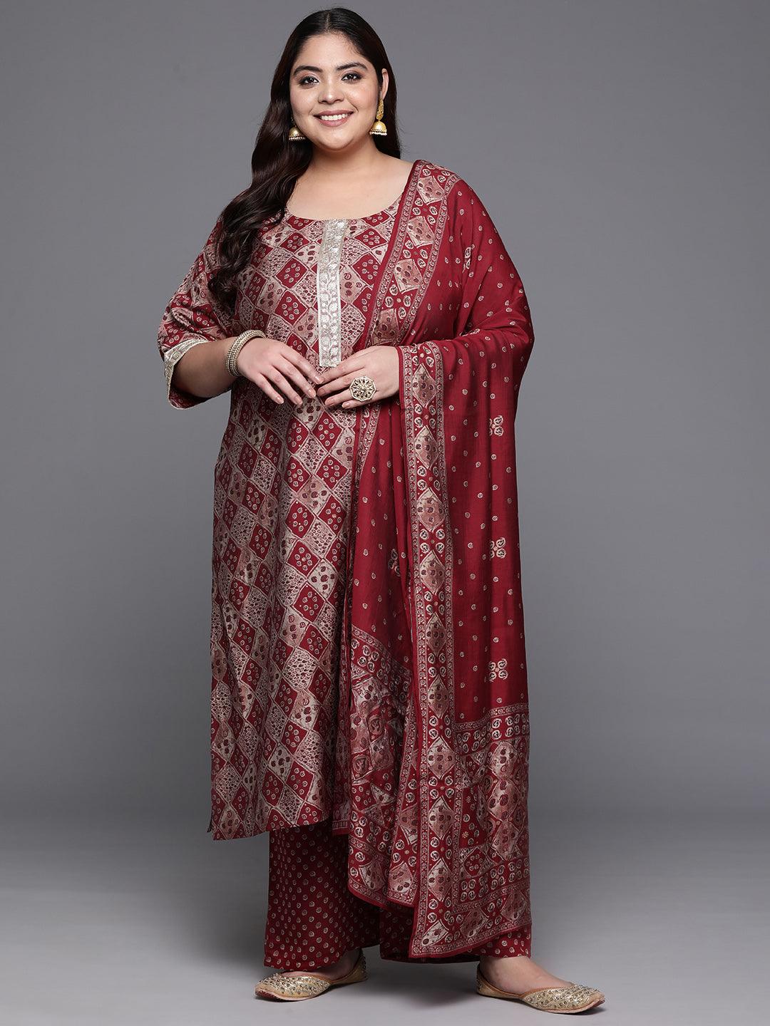 Red Printed Silk Blend Straight Suit Sets With Dupatta