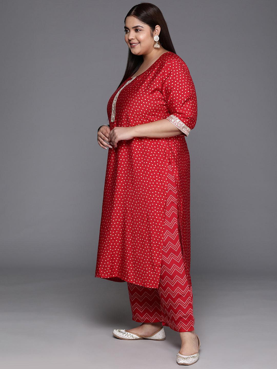 Plus Size Red Printed Silk Blend Straight Kurta With Trousers & Dupatta - ShopLibas