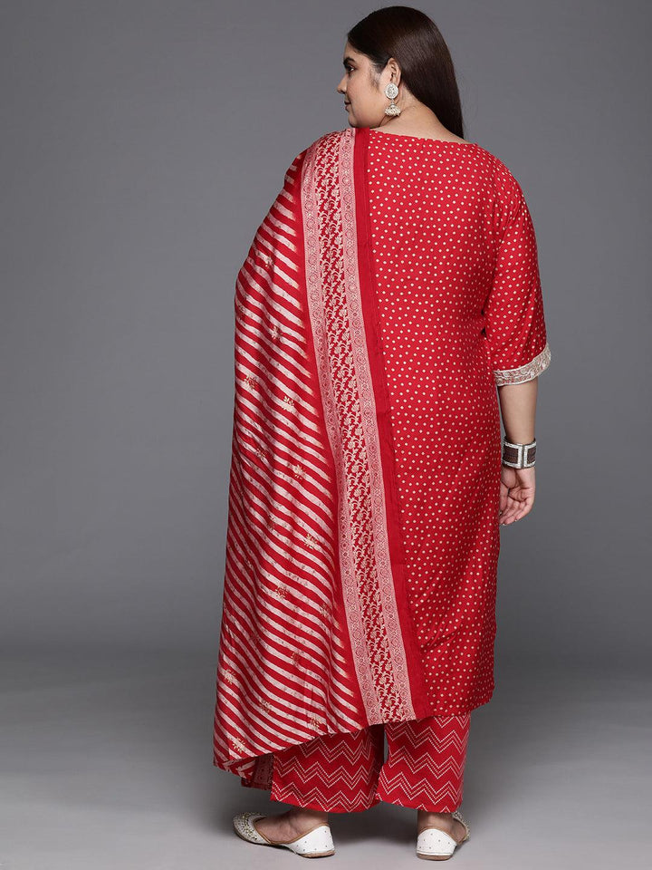 Plus Size Red Printed Silk Blend Straight Suit With Dupatta