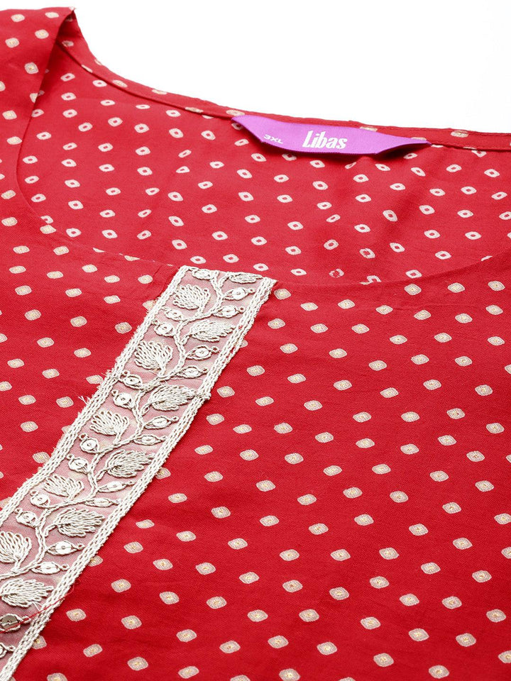 Plus Size Red Printed Silk Blend Straight Suit With Dupatta